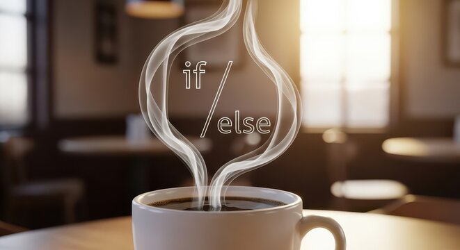 Steaming hot beverage displays conditional logic programming concept in softly lit interior setting