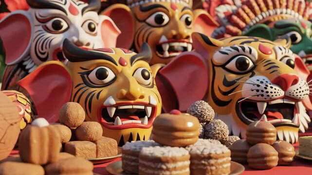 A vibrant close-up shot of traditional bengali masks and festive sweets, celebrating pohela boishakh.