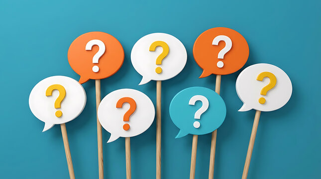A collection of colorful speech bubbles with question marks on sticks against a blue background for use in presentations or discussions