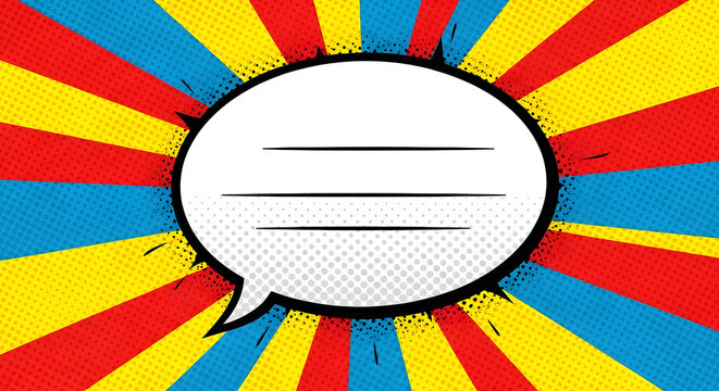 A colorful comic book style speech bubble with a vibrant background