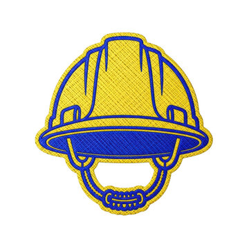 Yellow and blue embroidered hard hat patch with a chin strap for construction safety gear