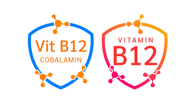 Vitamin B12 shield icon collection for product label design. Cobalamin molecule form simple line. Isolated on a white background. Medical symbol concept. Vector EPS10 illustration.