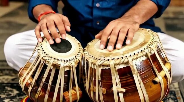 Traditional Indian Percussion Player Performing with Mridangam Drum Close-Up