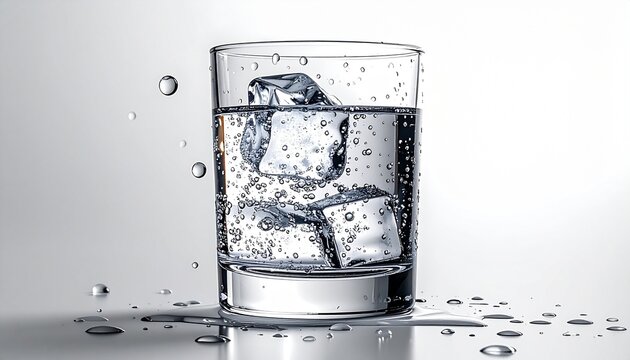 Refreshing glass of water with ice cubes on a white background.