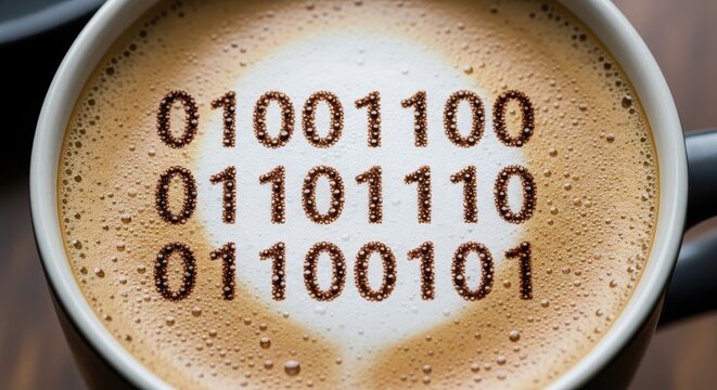 Binary code pattern rendered artfully in coffee beverage foam