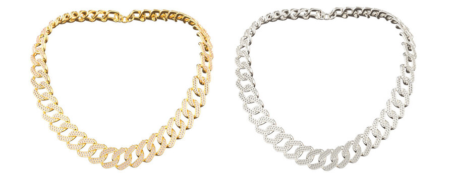 Two cuban link chains in silver black and gold or A thick gold cuban link chain necklace encrusted with small diamonds. Cuban chain link necklace. Png