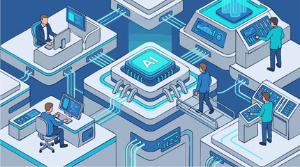 Fototapeta premium Futuristic Artificial Intelligence Technology in a Modern Data Center with Engineers Monitoring Digital Systems