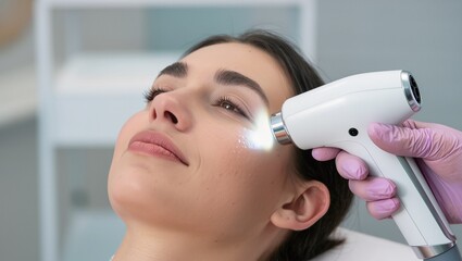 Fototapeta premium Female patient receiving facial treatment with a handheld device in a modern skincare clinic, medical professional wearing gloves performing procedure