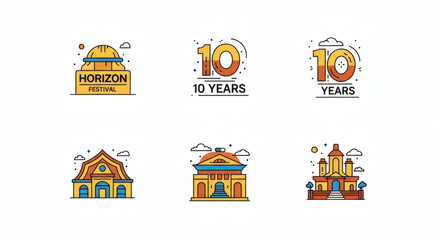 Naklejka premium Colorful Festival and Building Logos with 10 Year Anniversary Icons