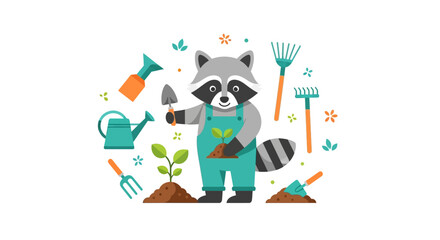 Fototapeta premium Raccoon Wearing Green Gardening Overalls. Vector Illustrations. EPS Editable