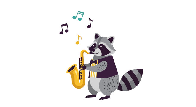 Raccoon playing a saxophone musically outdoors. Vector Illustrations. EPS Editable
