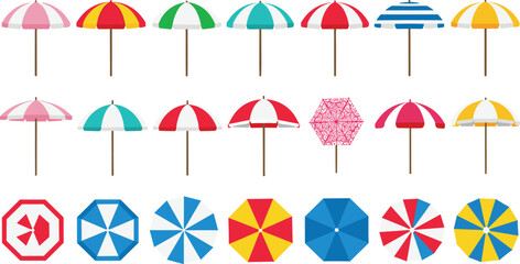 colorful beach umbrellas collection, summer parasol icons, sunshade umbrella set, seaside vacation accessories, outdoor shade equipment illustration pack © Forit