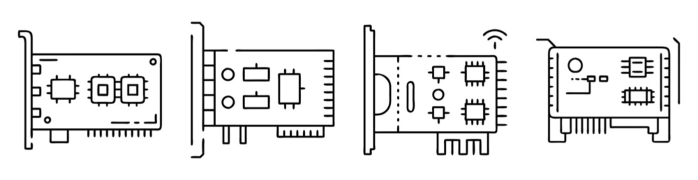 Four distinct network cards featuring electronic components and a variety of interfaces