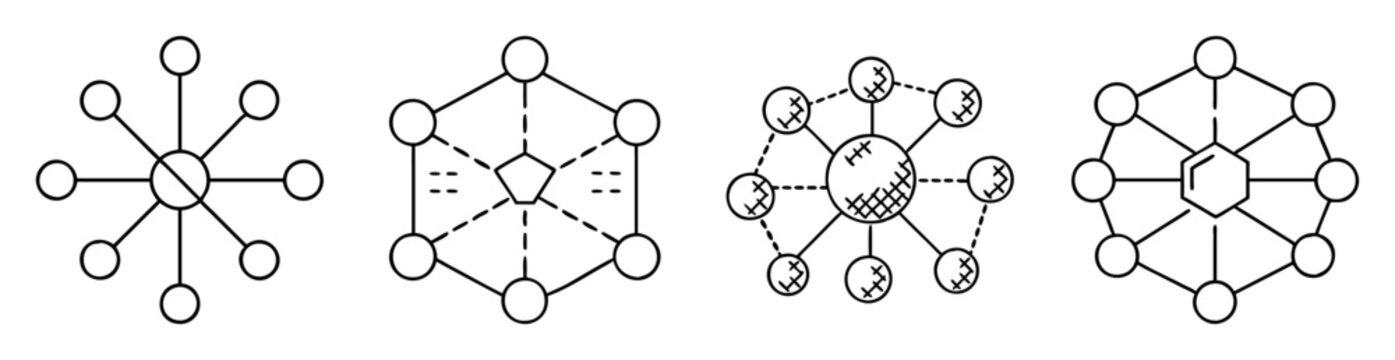 Abstract molecular structures featuring circles, polygons, connecting lines and decorative crosshatch patterns