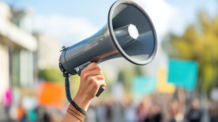Hand holding megaphone at outdoor protest rally with blurred crowd and colorful signs behind