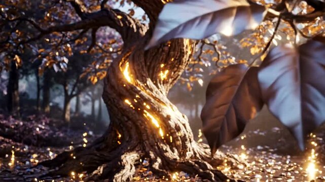 Glowing tree in autumn forest scene.