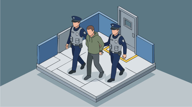 Security officers escorting a suspect in a modern security checkpoint or detention area