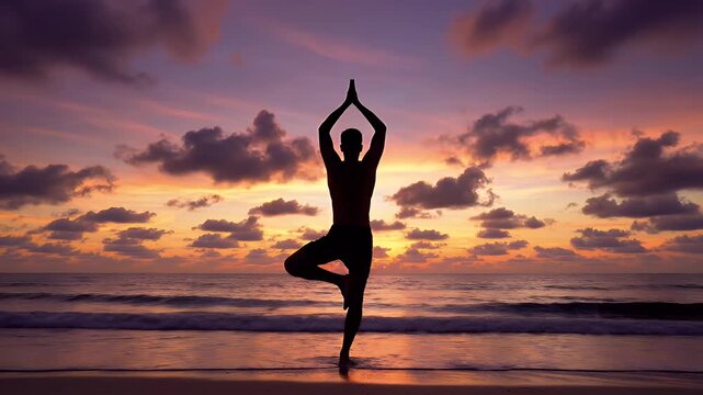 A person's silhouette practices a yoga tree pose on the beach at sunset.