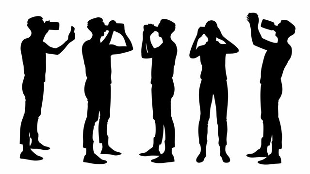 Black silhouettes of people using virtual reality headsets in various poses