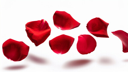 Fototapeta premium Small Red Rose Petals Falling in Mid Air on White Background, Minimal Romantic Concept, Wide Composition with Copy Space