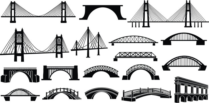 Set of black bridge silhouettes including suspension cable stayed arch and stone bridges for civil