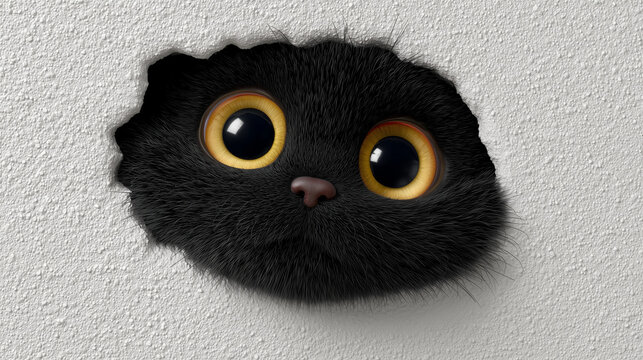 Adorable 3D render of a black kitten bursting through a white wall with a surprised expression, hello concept