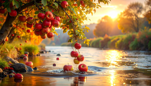 Ripe red apples hang from a lush green branch in a sunny autumn orchard, showcasing a fresh and healthy organic harvest of sweet, juicy fruit ready for picking