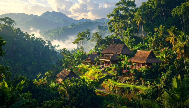 A scenic summer panorama of traditional mountain village architecture nestled within a lush green forest of the European Alps under a cloudy sky