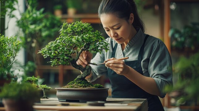 82.Woman carefully shaping bonsai with small tools, lush greenery in foreground, subtle indoor background enhancing sense of concentration and care