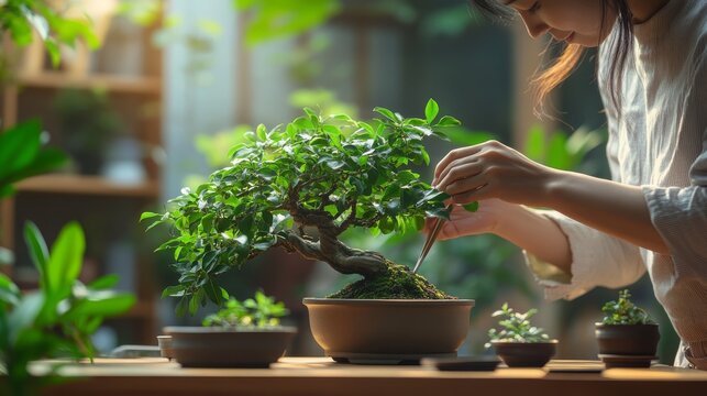 82.Woman carefully shaping bonsai with small tools, lush greenery in foreground, subtle indoor background enhancing sense of concentration and care