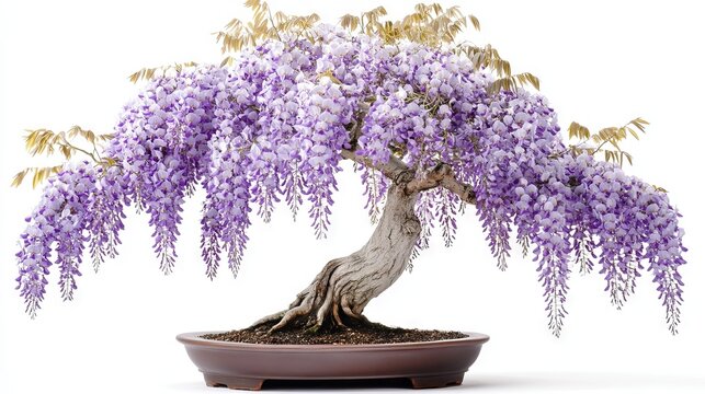 93.Vibrant Wisteria bonsai artwork with flowing purple flower clusters, textured bark details, serene brushstroke patterns, subtle shadowing beneath pot, isolated clean white backdrop