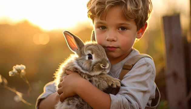 A cute little boy shares a moment of childhood love with his fluffy brown pet bunny, a domestic mammal with long ears, in a peaceful nature setting