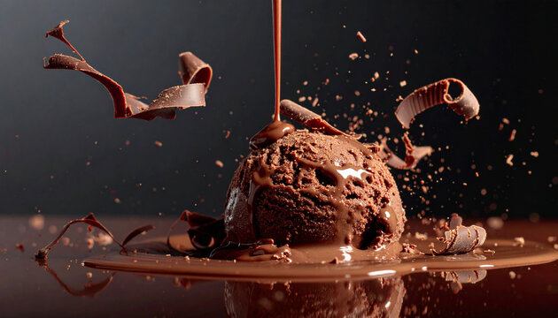 A delicious closeup of a white milk and dark chocolate splash in a glass against a black background with sweet cocoa candy and brown dessert cake