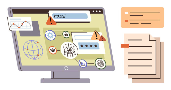 Cybersecurity, data protection, online threats, authentication, risk management, internet safety. Computer screen showing warning icons, secure login elements and charts. Cybersecurity and data