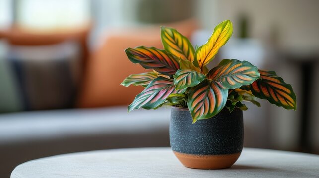 150.Wilting Calathea sitting on an indoor surface, leaves losing vibrancy, visible stress patterns, soft environment showcasing plant health concerns