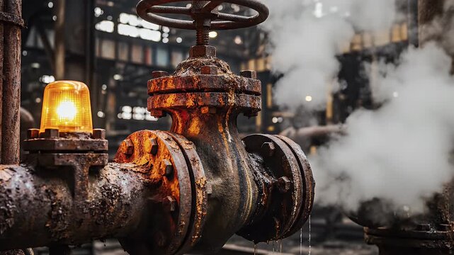 A rusty industrial pipe with a valve leaking hot steam in an old factory.