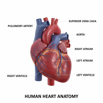 Anatomical human heart illustration showing labeled major vessels and chambers including aorta superior vena cava pulmonary artery atrium and ventricle