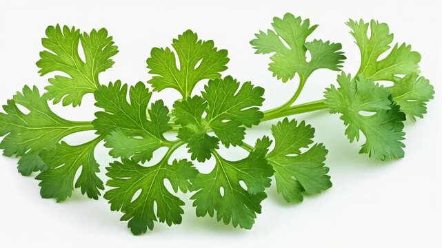 Close-up of vibrant green leaves arranged on a stem against a plain white background. Detailed texture and delicate shapes are visible