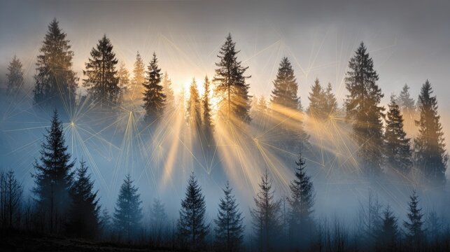 Sunbeams Break Through Foggy Forest at Dawn for an Ethereal Scenery Capture