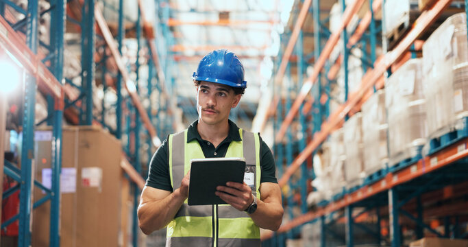 Thinking, man and inspection with tablet in warehouse, supply chain or stock quality control on web. Factory, logistics and person with tech for order distribution, reflection and goods inventory