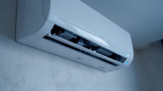 A modern air conditioner appliance on a wall providing cooling ventilation.
