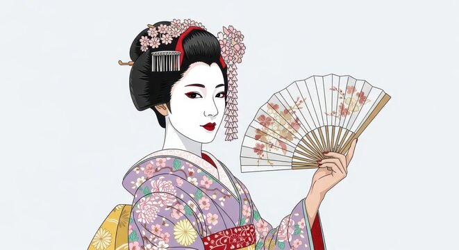 Traditional East Asian female performer displays an ornate folding hand fan against a light background