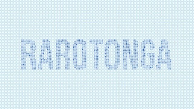 Rarotonga dotted map animation. Digital style shape of the island. Rarotonga shape and title blue dots appear with flickering effect. Cook Islands. Modern Intro, outro, title, logo video.