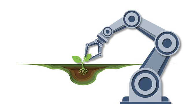 Robot arm planting a green seedling.