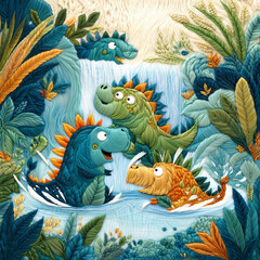 Naklejka premium Waterfall Dinosaur Embroidery Art