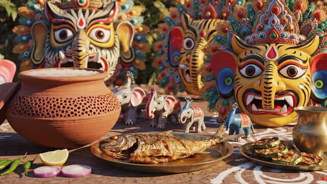 Colorful pohela boishakh celebration with traditional bengali hilsha fish, panta bhat, and cultural masks.