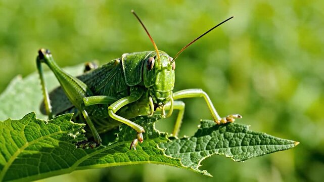 A green insect rests on a vibrant green leaf in the sunlight