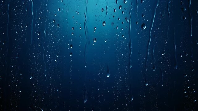 Close-up of water droplets and rivulets running down a surface. The backdrop transitions from deep indigo to teal