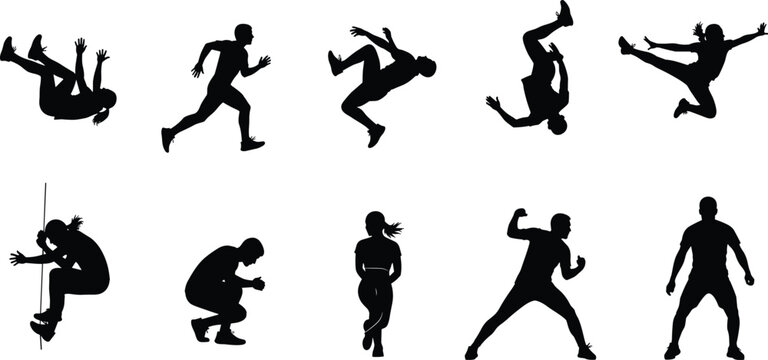 Black silhouette set of athletes doing parkour jumping running backflip and extreme sports stunts isolated on a white background vector