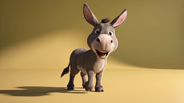 A happy cartoon donkey is standing and smiling cheerfully in a studio.